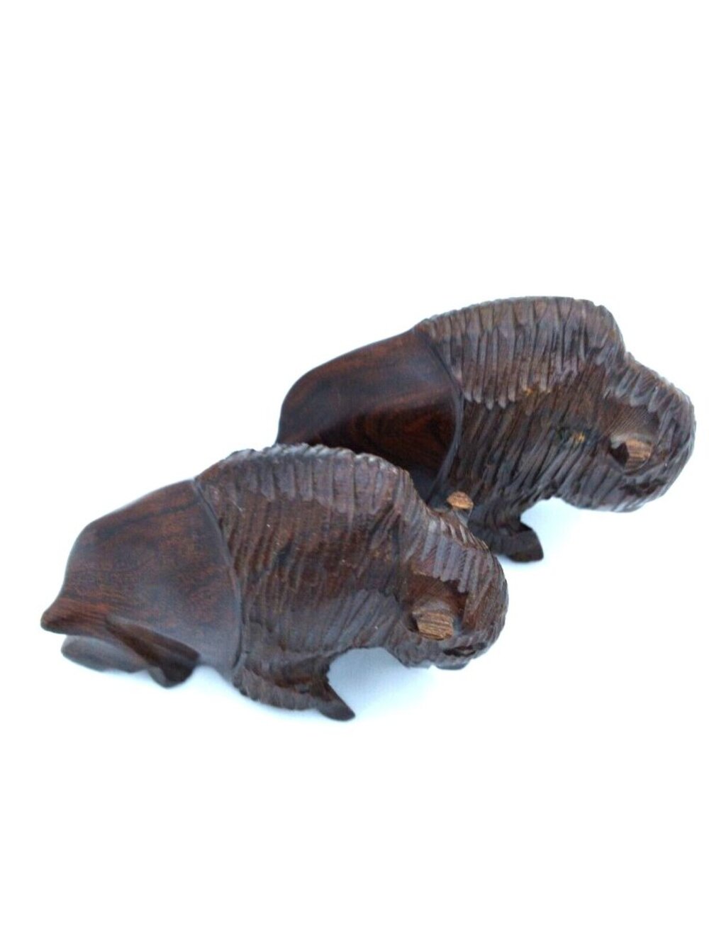 Set of 2 small tribal? Hand Carved Bison Buffalo Ironwood Figurine Sculptures